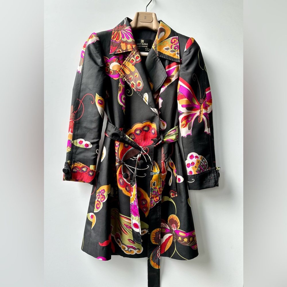 Vintage Max Nugus Trench Coat, Black Butterflies pattern, size 6